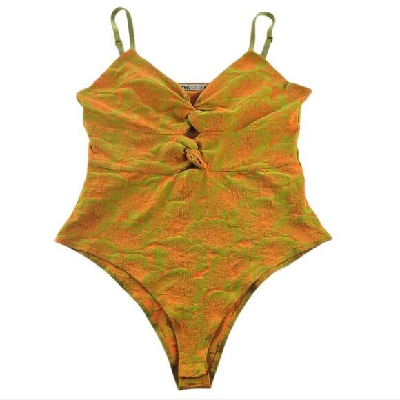 Zara -636 Cut Out Jacquard Lime Green and Tangerine Orange Floral Bodysuit Large - Picture 2 of 8